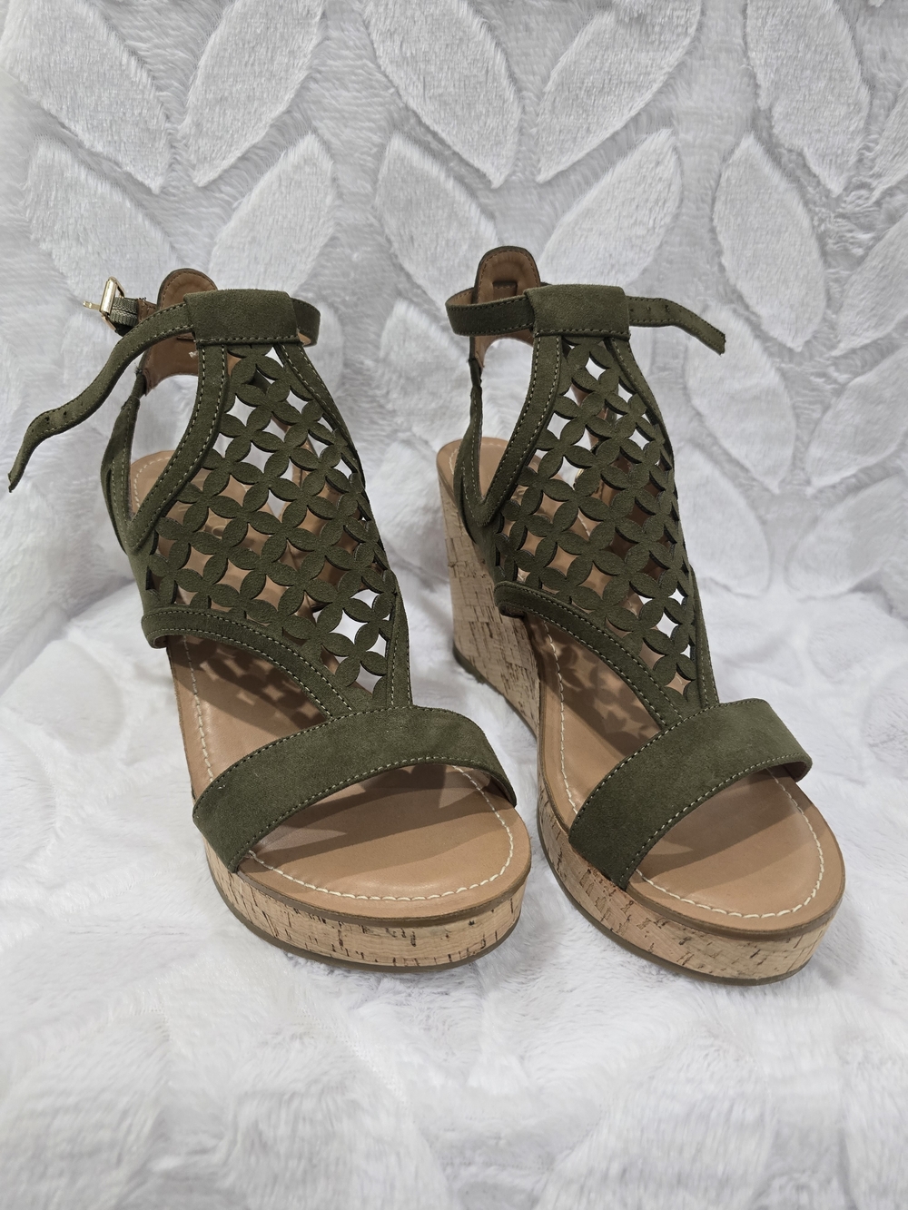 Olive Green Suede Wedge Sandals with Cutout Design Size 10